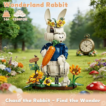 Easter Wonderland Bunny Building Blocks Set Compatible with Lego Easter Creator Cute Rabbit Toys with Carrot &amp Sunflower Display Base Creative Gift for Kids Girls Adults