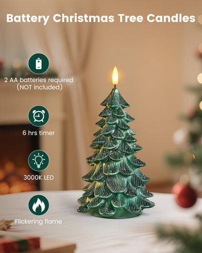 SURAIELEC Battery Operated Christmas Tree Candles, 6-Hour Timer Flameless Tree Candles, Real Wax Finish, Flickering LED Candle, 9'' Christmas Candlesticks for Window, Mantel, Dining Table, 2-Pack