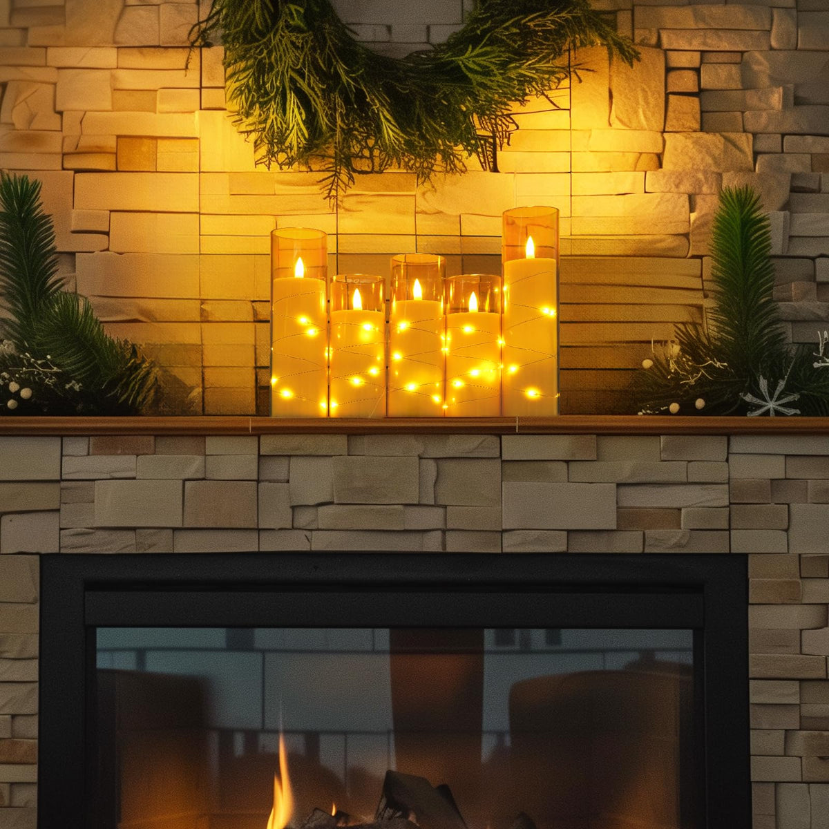 Homemory Flameless LED Candle with Embedded Star String Lights, Fake Candles with Remote Control & Timer, Battery Operated Candles, Amber, Set of 5