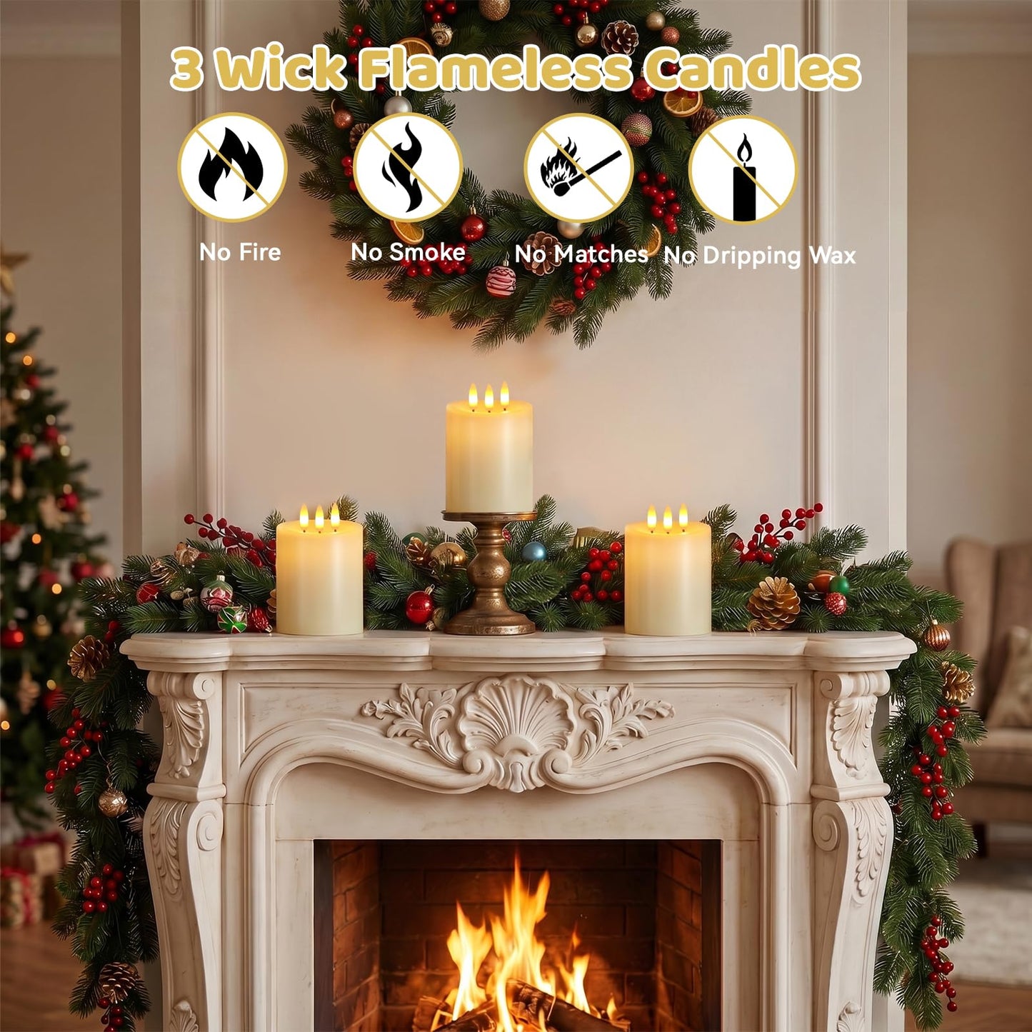 Large 3 Wick Flameless Candles, 4"x4" Flickering Flameless Candles with Remote & Timer, Dimmable Real Wax LED Candles Battery Operated, Electric Pillar Candles for Home Wedding Christmas Decor (Lvory)