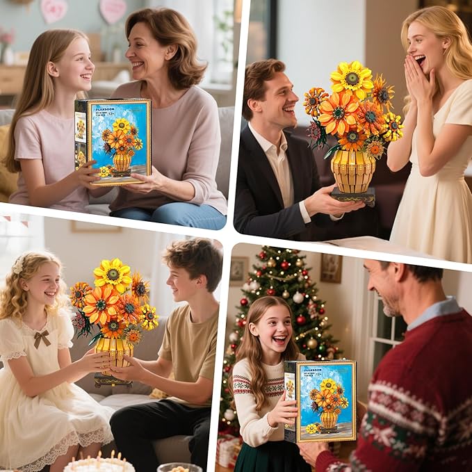 Sunflower Building Set with Lights Vase Base Flowers Botanical Collection Building Block Valentine's Day 1180PCS Art Bouquet Bonsai Plant Building Kit Gift for Adults Teens Girls Boys 12+