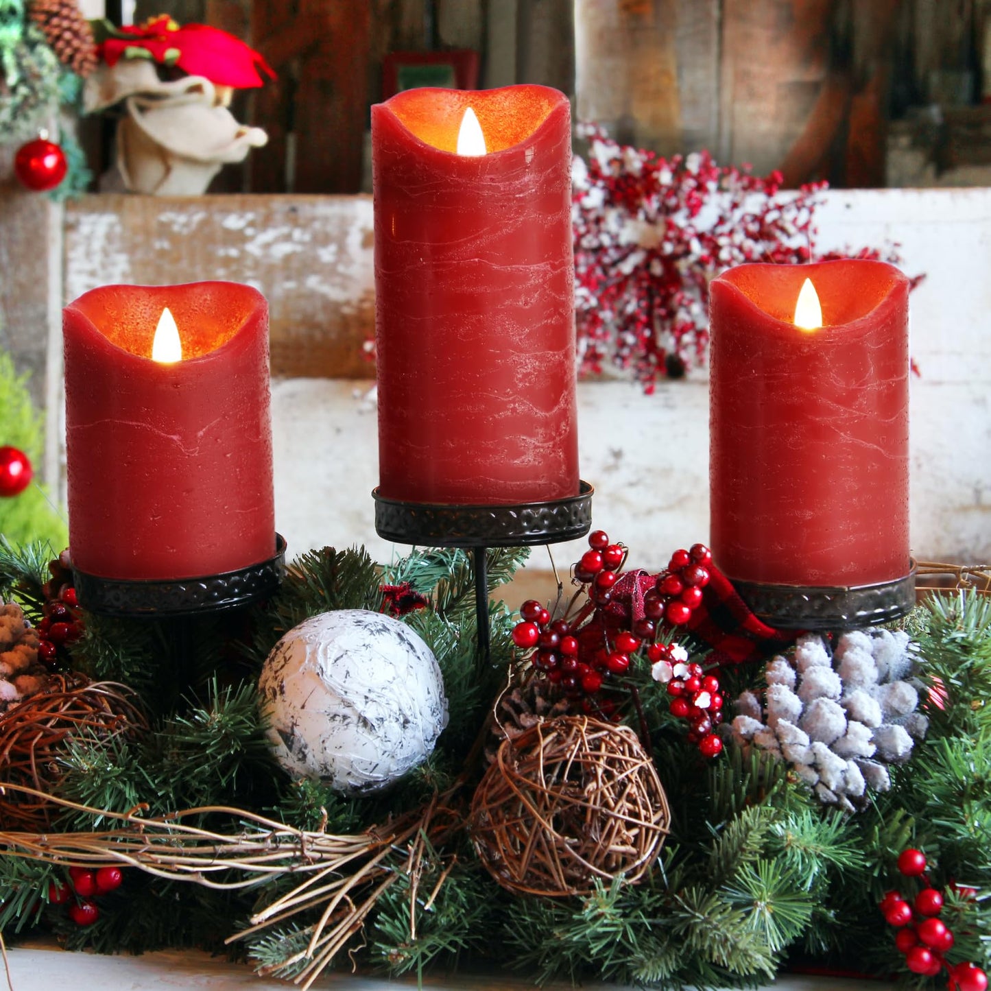 7LinRay Burgundy Flameless Candles with Remote, Real Wax Battery Operated LED Candles, Flickering Flameless Pillar Candles for Wedding, Festival, Set of 3