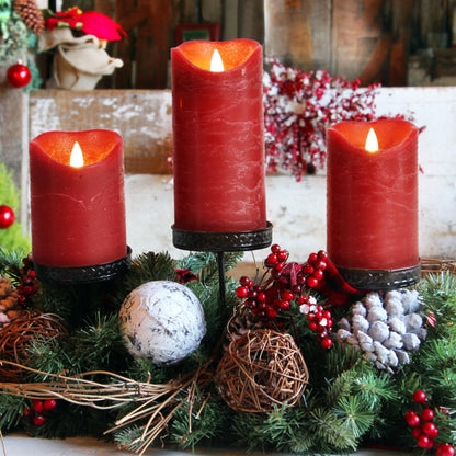 7LinRay Burgundy Flameless Candles with Remote, Real Wax Battery Operated LED Candles, Flickering Flameless Pillar Candles for Wedding, Festival, Set of 3