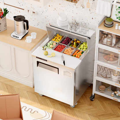 GAOMON Commercial Refrigerator, 28" Sandwich & Salad Prep Table, 7.42 Cu. Ft Stainless Steel Refrigerated Food Prep Station with 8 Pans, Cut Board, 1 Door Worktop Fridge with lock for Restaurant