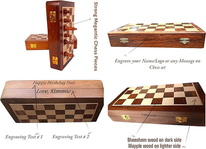 | Personalized Wooden Chess Set | Magnetic Folding Travel Chess Board with Storage &amp 2 Extra Queens (18 x 18 Inch Brown)