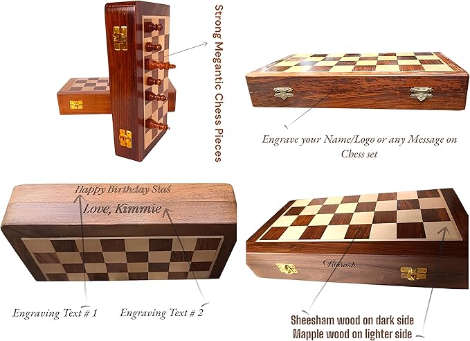 Personalized Wooden Chess Set | Magnetic Folding Travel Board with Storage Box &amp 2 Extra Queens (14 inch x 14 inch)