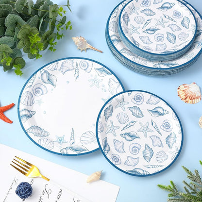 FYSUIMU 50 Pcs Ocean Paper Plates Blue Seashell Disposable Plates 7 & 9 Inch Summer Sea Beach Theme Dessert Plate for Birthday Baby Shower Wedding Party Tableware Supplies