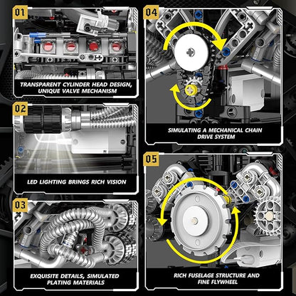 V8 Engine Model Kit That Works APP Controlled Engines Building Block Set for Adults Physical Science Experiment Models Best STEM Toy Gifts for Adult (689 Pcs)