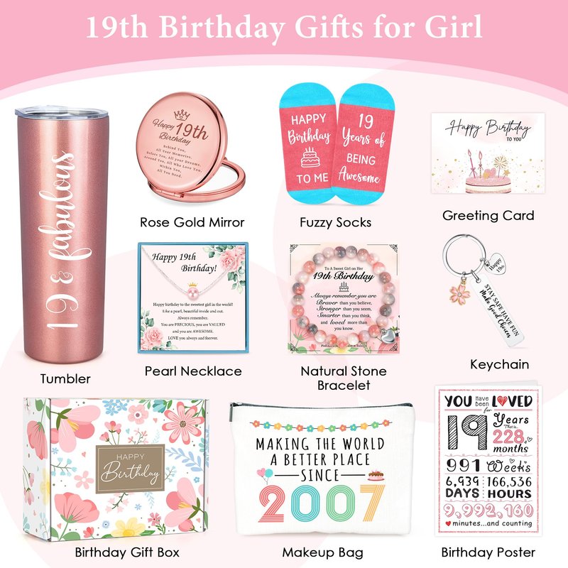 19 Year Old Girl Birthday Gift Ideas Happy 19th Birthday Gifts for Girls Unique Gifts for 19 Year Old Female, Women, Daughter, College Girls Cool 19th Decorations Gift Box with Tumbler Makeup Bag