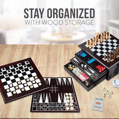 Board Game Set - Deluxe 15 in 1 Tabletop Wood-accented Game Center with Storage Drawer (Checkers Chess Chinese Checkers Parcheesi TicTacToe SOlitaire Snakes and Ladders Mancala Backgammon Pok