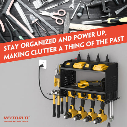 Power Tool Organizer with Charging Station, Heavy Duty Modular Wall Mount Rack for Garage & Shed Organization, 4 Drill Holders, Fathers Day Anniversary Birthday Gifts for Men Dad Him Husband(Black)