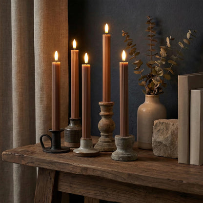 West Ivory 6 Pack, 10" LED Flameless Brown Tan Fluted Ribbed Grooved Taper Candles, Remote & 24h Timer Memory, On/Off Button, Dimmable, Flicker Mode, Battery Operated, Christmas Menorah Wedding