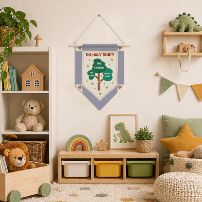 RUKUPA Christian Tree Nursery Wall Art Decor, Kids Scripture Hanging Pennant Flag, the Holy Trinity Religious Wall Art Poster Hanger for Kids Room Classroom Sunday School Homeschool Decor, 11x15 Inch