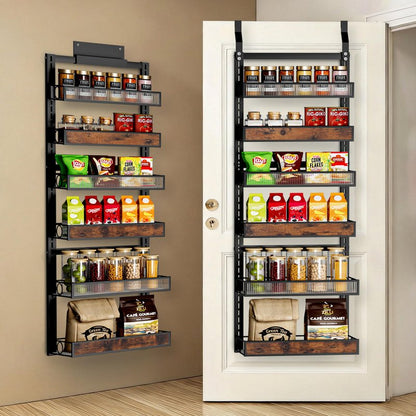 6 Tier Pantry Door Organizer Spice Rack, 2-IN-1 Wall Mount or Hanging Over Door Seasoning Organizer with Adjustable Baskets, Heavy Duty Behind Door Storage Shelves for Pantry, Cabinet and Kitchen