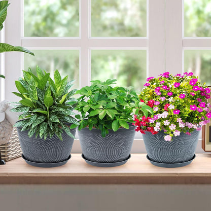 Quarut 10 Inch Flower Pots - 3 Pack Plastic Planters with Drainage Hole & Tray | Modern Gray Garden Pots