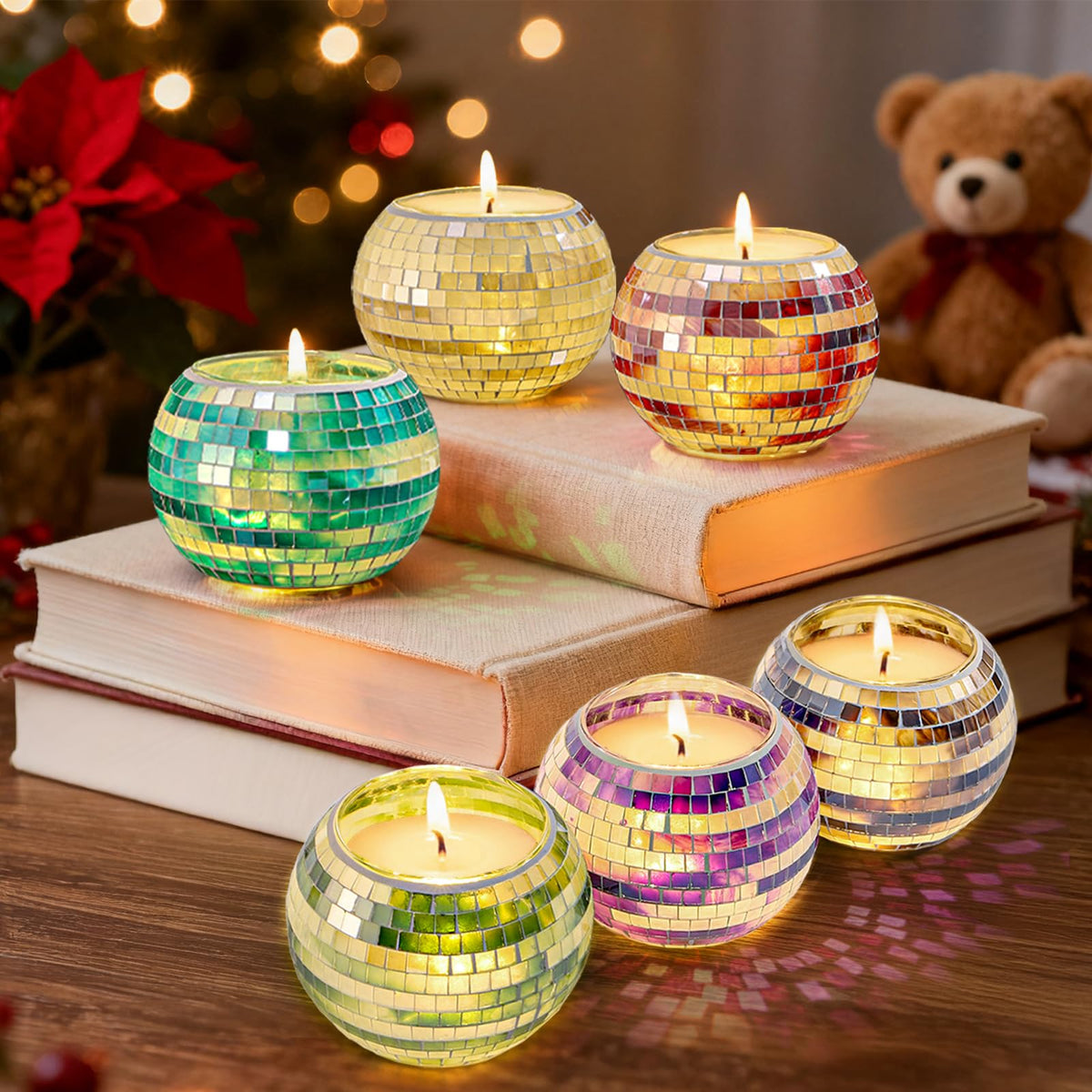 SOUJOY 6 Pack Votive Candle Holder, Handmade Mosaic Glass Tealight Holders, Diwali Decorative Scented Candle Bowl for Valentine, Party, Christmas Table Centerpiece Decor