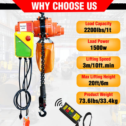Electric Chain Hoist 2 in 1,2200 lbs Load Capacity,20 ft Lifting Height,120V Single Phase Overhead Crane with 328 ft Wireless & 15 ft Wired Remote Control, Ideal for Garage,Shop,and Home Use