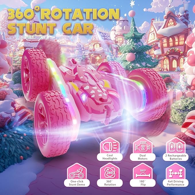Remote Control Car for Girls Pink RC Cars Stunt RC Car Girl Toys for Girls Double-Sided 360° Rotating with Headlights 4WD Kid Toys for Birthday Gifts (Pink)