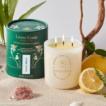 Coastal Breeze - Yuzu & Sea Salt Pure Beeswax Candle – 90+ Hours Long Burning Classically Designed Non-Toxic Scented Candles for Home Decor with Natural Fragrance 15 oz