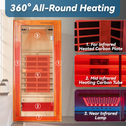 Woodbridge Infrared Home Sauna Room 1 Person Japanese Cedar Indoor Sauna with 7 Carbon Heaters, Red Light Therapy, Bluetooth Speaker, Intelligent Control Panel, Tempered Glass & Top Vent