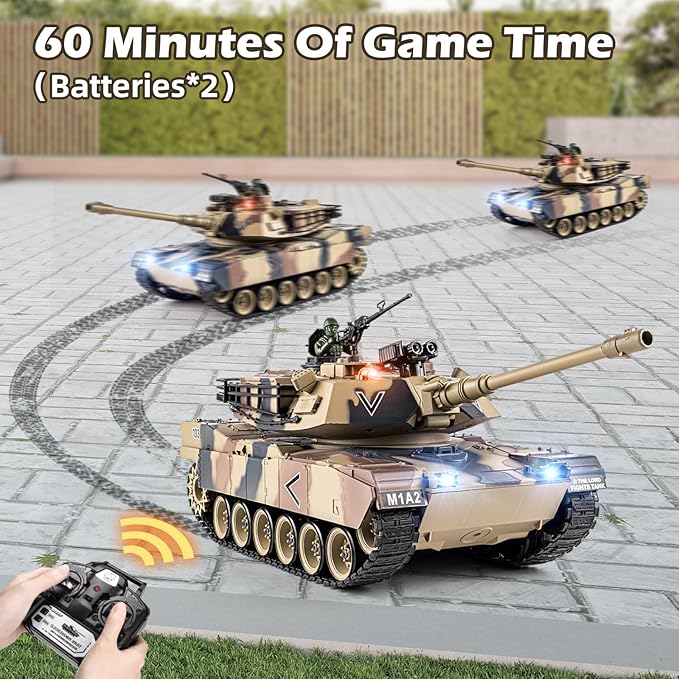 1:18 RC Tank that Shoot BBS 2.4G US M1A2 Remote Control Tank Model Truck Toys Army Toy with Smoke Lights Sound and Recoil Military RC Vehicle for Adults and Kids 6+ Years Old