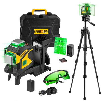 PREXISO Laser Level 3 X 360° Self Leveling with 47 In. Tripod, IP54 Rechargeable 100Ft Green Lazer Leveler Tool for Construction, Home Renovation with Magnetic Base, Battery Adapter, Case, Accessories