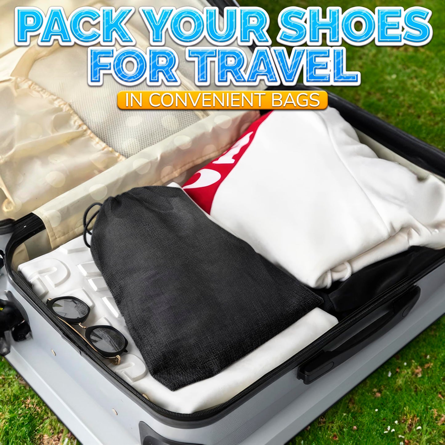 10 Pack Travel Shoe Bag Set – 11.8" x 15.75" Waterproof Drawstring Black Shoe Bags for Travel, Clothes, or Wet Gear – Lightweight Storage Organizer and Packing Essential for Women & Men