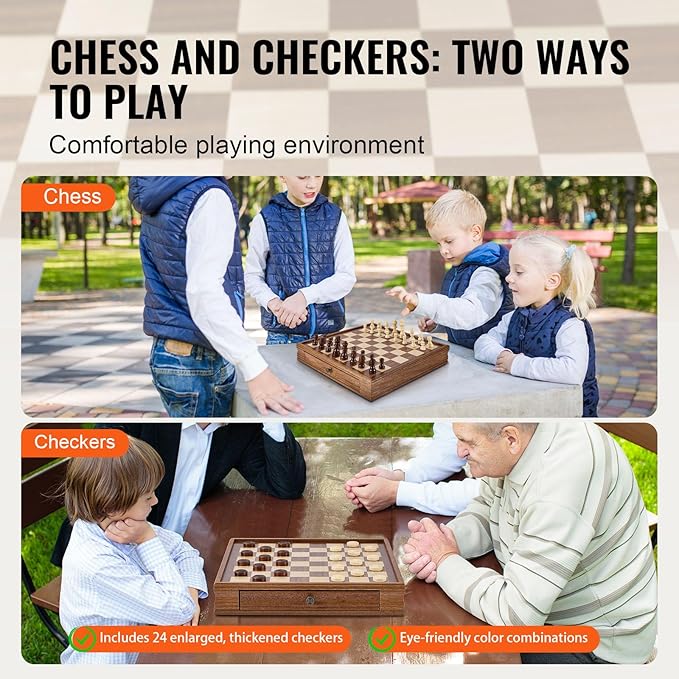 VEVOR Solid Wood Chess Set 15 inch 2-in-1 Chess Checkers Game Set Chess Board Games with Storage Drawer &amp Weighted Chess Checkers Pieces &amp 2 Queens Christmas Crafts Xmas Gift