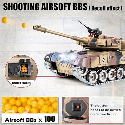 RC Tank 1:18 Russian T-90 Metal Tracks Remote Control Model Tank Toys 2.4Ghz Army Toys with Smoke Sound and Light RC Military Vehicle that Shoots BBS for Adults and Kids