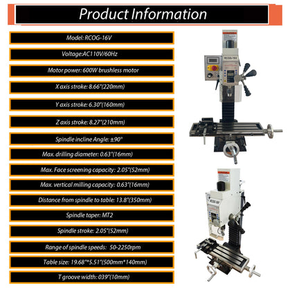 INTBUYING Mini Milling Drilling Machine Benchtop Mill Drill 5-1/2''x20'' Precision Hobby Milling Machine 600W MT2 Variable Speed Micro Feed with Spindle Drill Chucks for Metal Plastic Wood 110V