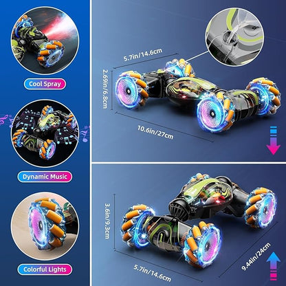 Gigilli Gesture Sensing RC Stunt Car with Spray Music Lights Remote Control Car Boys Toys Age 5-7 6-8 9 10 11 12 Birthday Easter Gifts Boys for Kids Grandkids Ages 4 7 13 Years Old 4WD Twist Drift