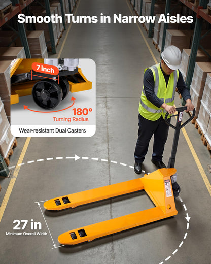 VEVOR Pallet Jack, 5500 lbs Load Capacity, Manual Pallet Truck with 48L x 27W Inch Forks for Material Handling, 3.35-7.1 Inch Fork Lift Height Range, Suitable for Warehouse, Supermarket, Manufacturing