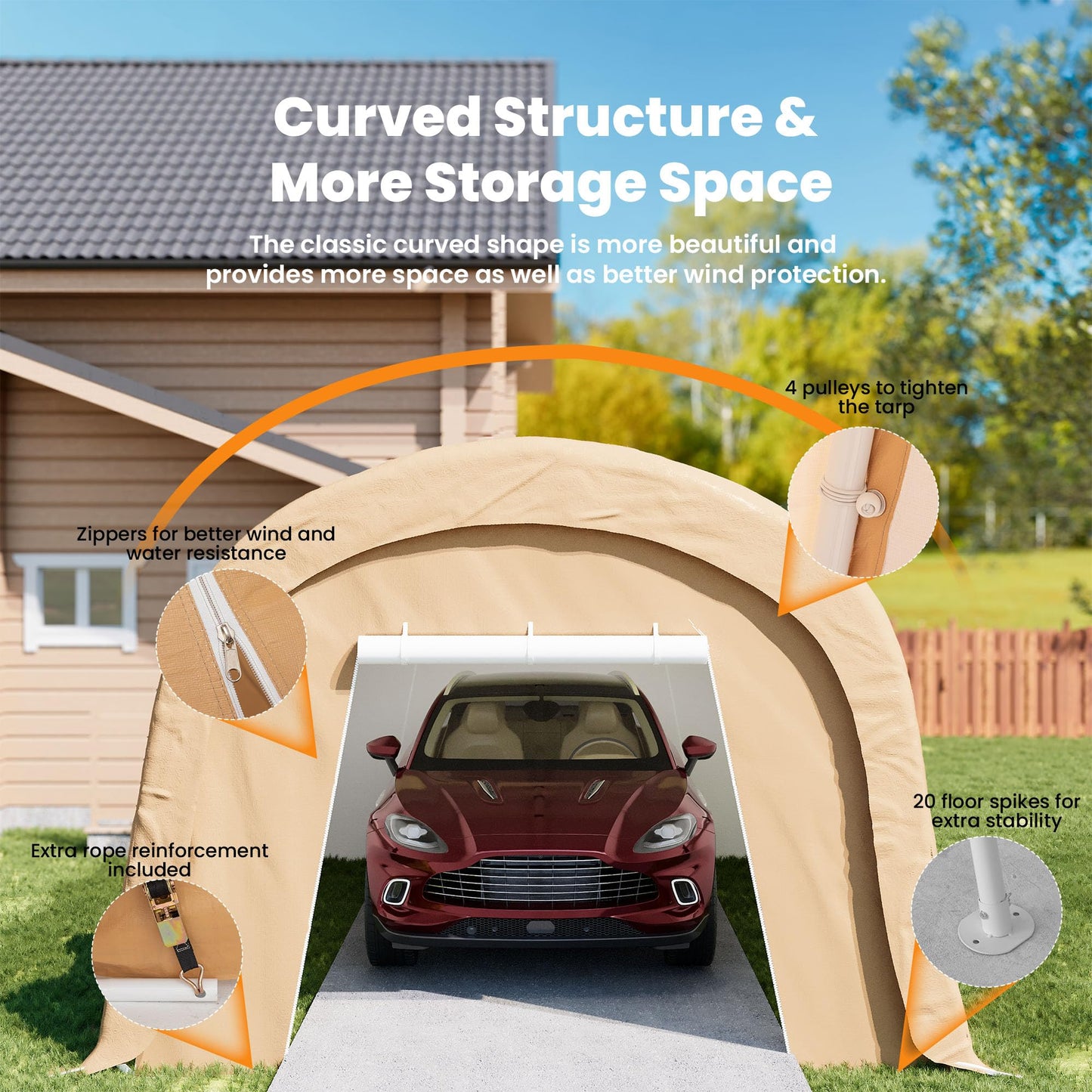 COSIEST 10'×20' Storage Shelter Outdoor Round Carport, Heavy-Duty Garage Canopy with Dual Roll-Up Doors Weatherproof PE Cover, Multi-Purpose Vehicle/Tractor Shed for Backyard/Driveway/Farm(Beige)