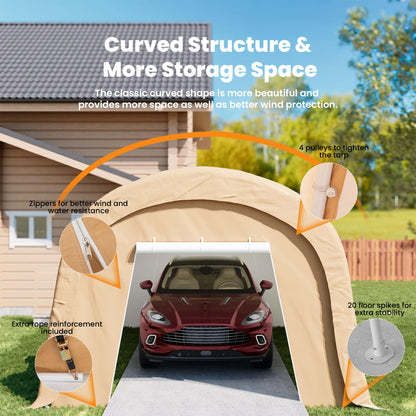 COSIEST 10'×20' Storage Shelter Outdoor Round Carport, Heavy-Duty Garage Canopy with Dual Roll-Up Doors Weatherproof PE Cover, Multi-Purpose Vehicle/Tractor Shed for Backyard/Driveway/Farm(Beige)