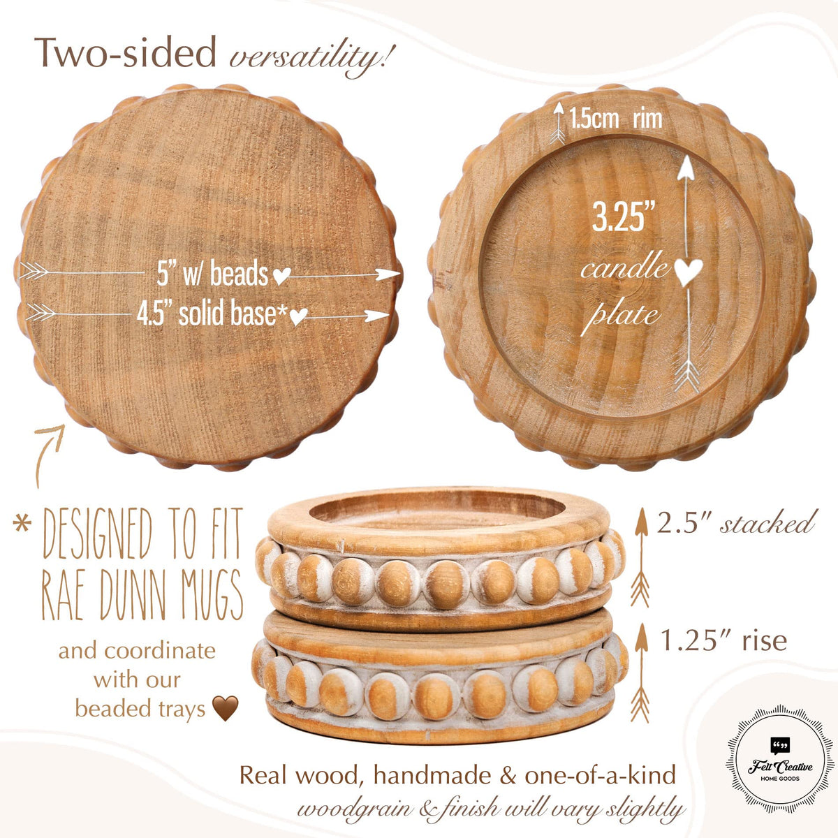 Candle Pedestal [Set of 2] Round Rustic Wood Beaded Risers - Sturdy 2-Sided Stackable Decor Pedestal Stands for Tiered Tray, Candle, Mug Display, Risers Display Stands (Rustic Brown, 5 inch)