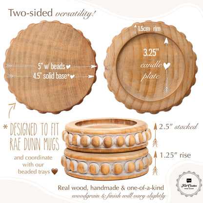 Candle Pedestal [Set of 2] Round Rustic Wood Beaded Risers - Sturdy 2-Sided Stackable Decor Pedestal Stands for Tiered Tray, Candle, Mug Display, Risers Display Stands (Rustic Brown, 5 inch)
