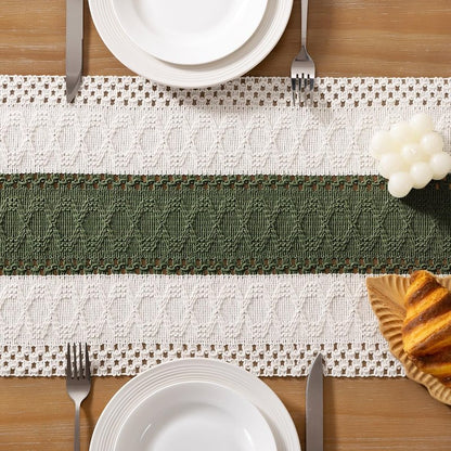 Socomi Boho Table Runner Summer Farmhouse Rustic Dining Kitchen Centerpiece Decor Small Macrame Woven Cotton Linen Coffee Table Runner for Dresser Scarf Home Decor 12x72 inch Olive Green