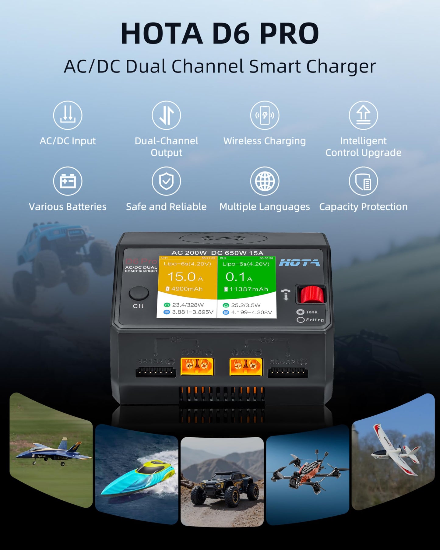 HOTA D6 Pro Lipo Battery Charger,Dual Channel 15A AC200W DC650W Smart Balance Charger with Wireless Charging Panel USB Output for 1-6S LiPo LiHV NiMH Pb Batteries RC Car Boat FPV (Black)
