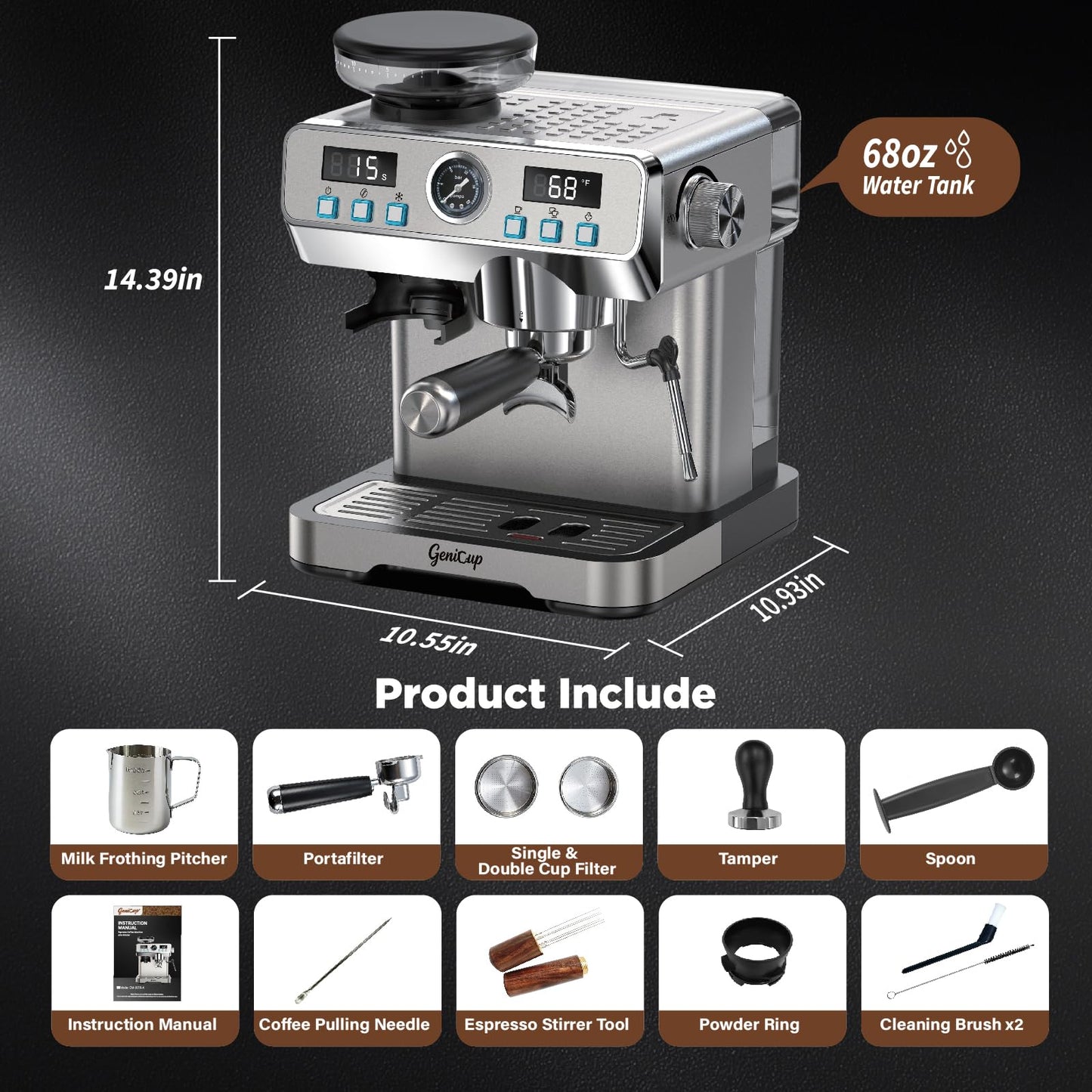 GeniCup Espresso Machine with Grinder 20 Bar Professional Expresso Coffee Machines for Home Customizable 194℉-203℉ Temp Control Espresso Maker with 68oz Water Tank All-in-One Coffee Maker Cold Brew