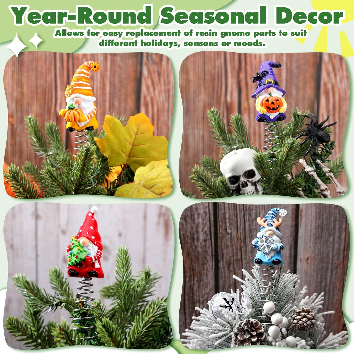 Gejoy 12 Pcs Mini Interchangeable Gnome Tree Topper, Valentine's Day Seasonal Resin Gnome Ornaments 5.1'' Miniature Christmas Tree Toppers for Year Round Gift, Office Home Decor, 1 Spring