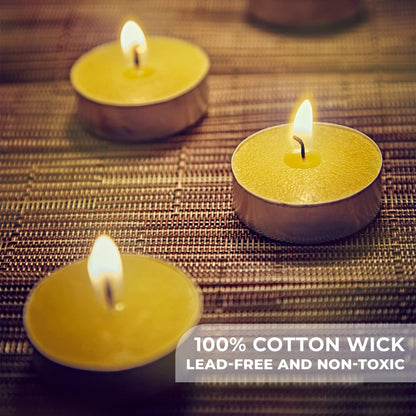 Pure Beeswax Tealights - Unscented Smokeless & Clean Burning Non-Toxic Tea Lights with Light & Natural Honey Scent, 4-Hour Burn Time, 1.5 x 0.5-Inch Handmade Candles, 24-Pack, by BeeTheLight