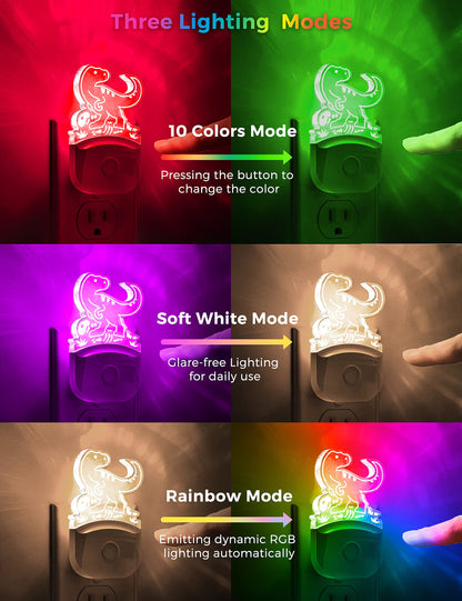 LOHAS Dinosaur Night Light for Boys, Kids Nightlight Plug in, Dusk-to-Dawn, Velociraptor LED Night Lights Plug into Wall, RGB+Soft White 3000K, 3 Lighting Modes, Ideal for Nursery Room, Bedroom Decor