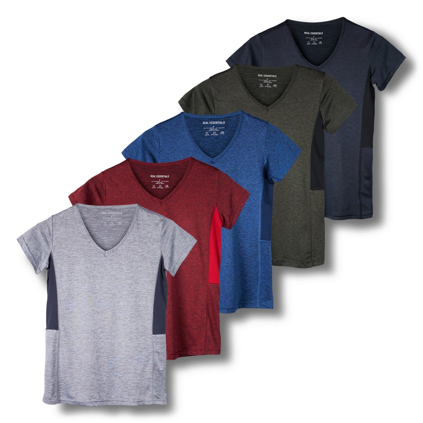 Real Essentials 5 Pack: Women's Dry Fit Short Sleeve V Neck Workout Top - Fitness Pilates Gym Athletic Yoga T-Shirt (Plus Available), Set 3, XL