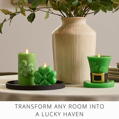 Luminara Lucky Green Shamrock Pillar Candle - Flickering Real-Flame Technology - Flameless LED - Remote Ready - St. Patrick's Day - 3.4" x 6.5"