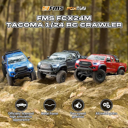 FMS FCX24 TOYOTA TACOMA 1/24 RC Crawler 4x4 RC Truck Crawler Official Licensed Scale RC Rock Crawler with 2-Speed Transmission High Torque Motor All-Metal Bearings RTR RC Car for Adults (GRAY)