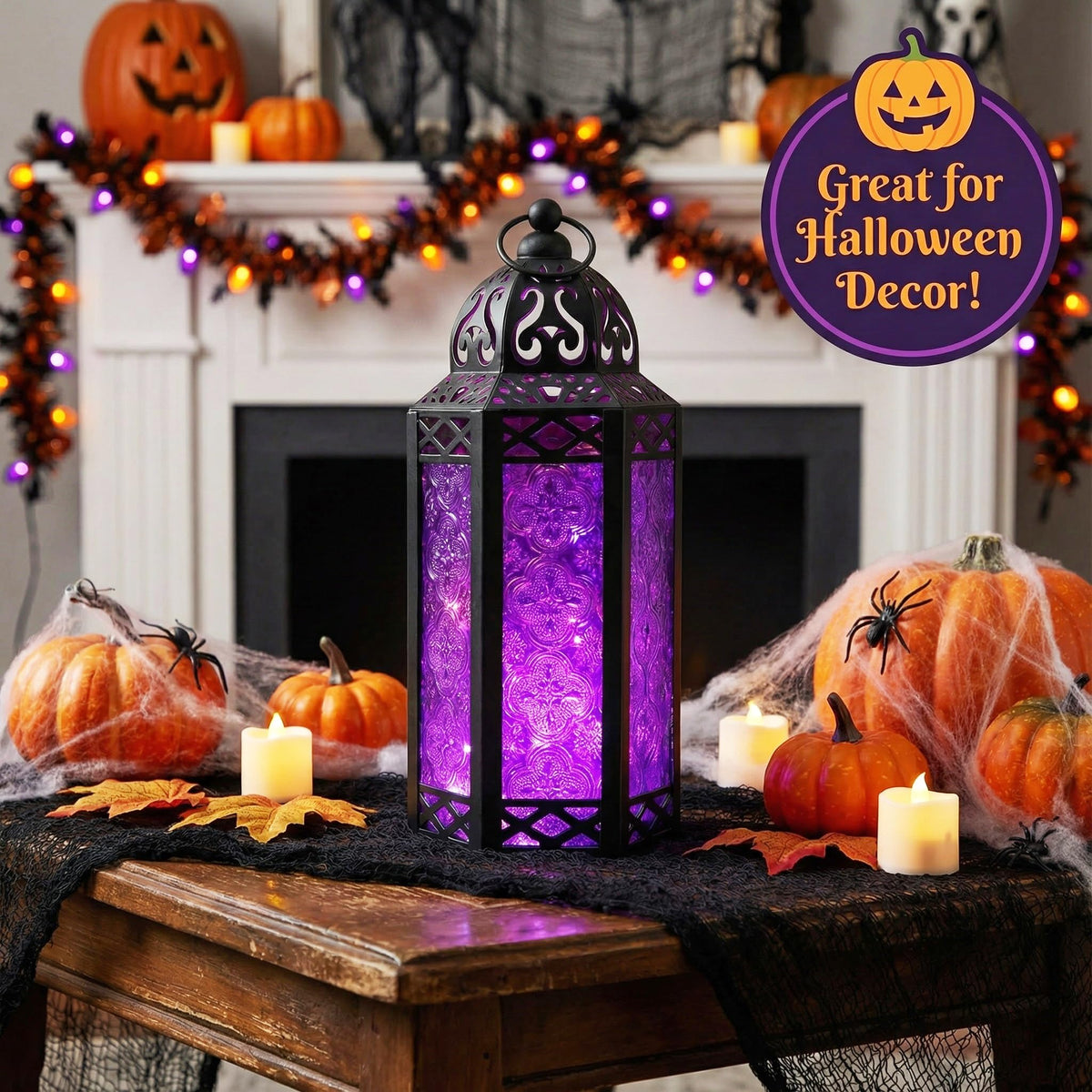 Vela Lanterns Purple Decor Candle Holder, Gothic Lamp with Fairy Lights, Fantasy Decorative Moroccan Lantern, Witchy Whimsigoth Home Decor, Metal Hanging Halloween Spooky Vampire Room Light