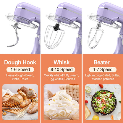 CEBORY 3-IN-1 Electric Stand Mixer, 6.5QT Bowl 660W 10-Speed Kitchen Mixer, Household Food Mixers include Dough Hook, Beater and Whisk, Bread Cake Mixer for Baking and Most Home Cooks, Purple