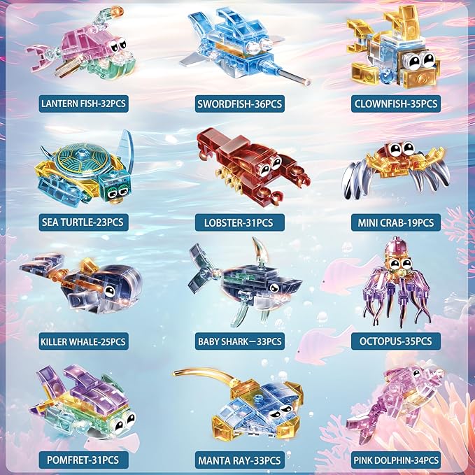 12 Piece Set of Marine Animal Building Blocks Suitable for Goodie Bags Stocking Stuffer Classroom prizes Birthday Gifts Boys' and Girls' Toys 12 in one Building Block Set