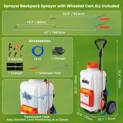 Toovem Battery Powered Backpack Sprayer, 4 Gallon Electric Sprayer with Wheeled Cart, Adjustable 0-94 PSI Backpack Garden Sprayer with 10FT Hose, 6 Nozzles for Lawn, Garden, Yard