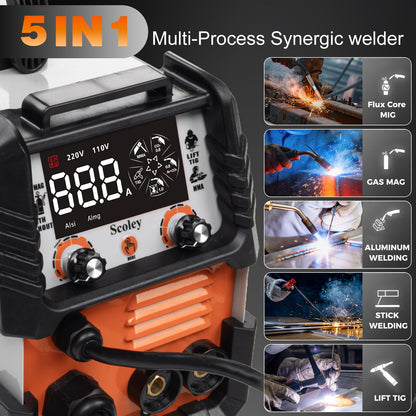 Scoley 5-in-1 MIG Welder 110V/220V, 180A Aluminum Welder/Gas MIG/Flux Core Welder/Lift TIG/Stick Welding Machine with IGBT Inverter Synergic Control, Large Digital Display, Welding Gloves & Mask